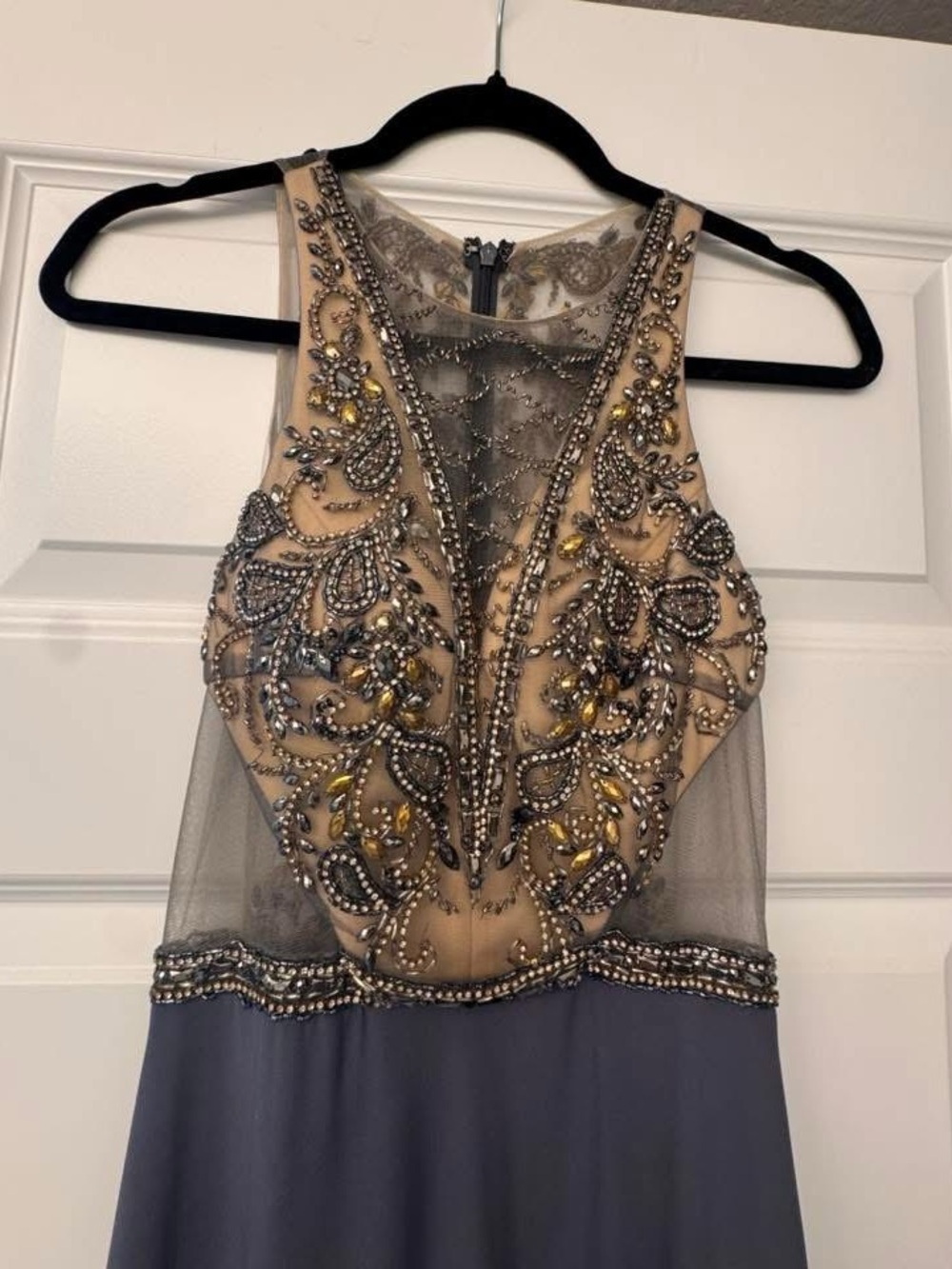 Camille La Vie Nude and Gray Embellished Prom Gown